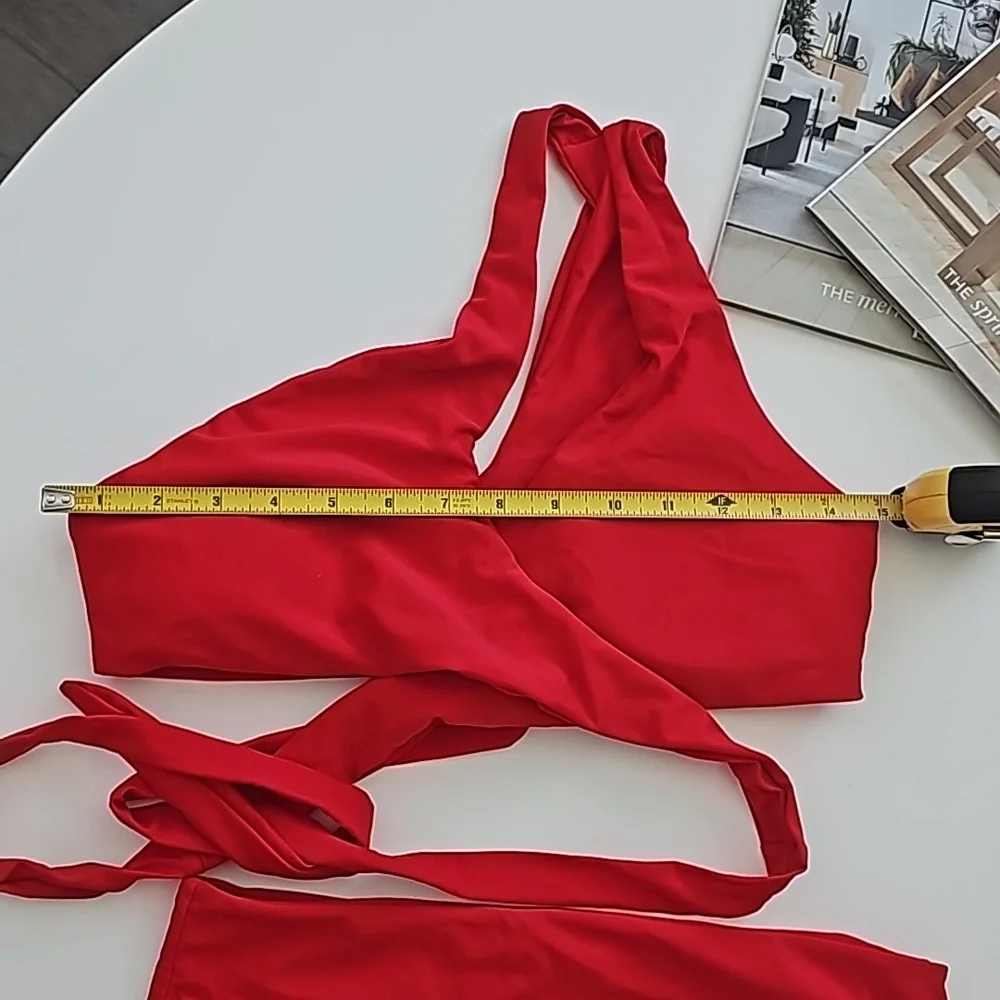 NWOT Red Bikini Wrap One Shoulder Top Highwaisted bottom Size Medium - Picture 6 of 9
